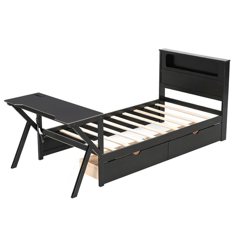 Roomfitters Twin/Full Wooden Gaming Platform Bed with LED Headboard, Desk and Drawers, Black