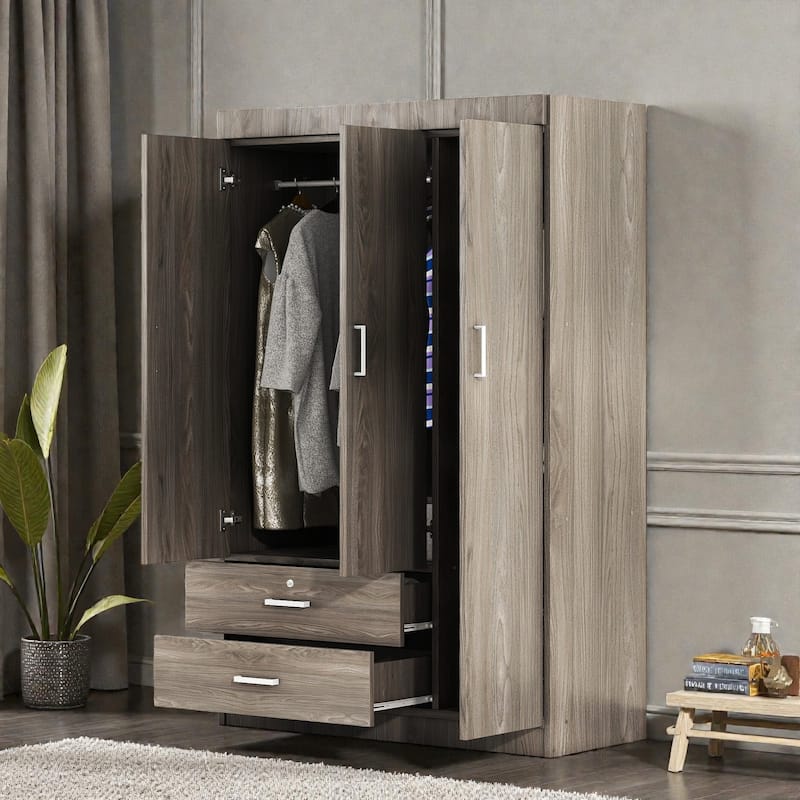 3 Door Wardrobe Closet with 2 Drawers, Modern White Freestanding Armoire Storage Cabinet for Bedroom