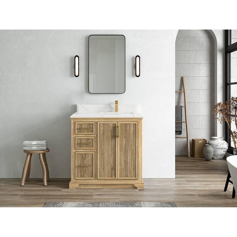 Willow Collections 36 x 22 Alys Solid Teak Right Offset Sink Bathroom Vanity with Quartz or Marble Countertop