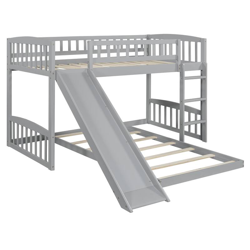 Twin Over Twin Solid Wood Bunk Bed with Slide and Ladder, Gray Pine Wood and MDF Frame Bed