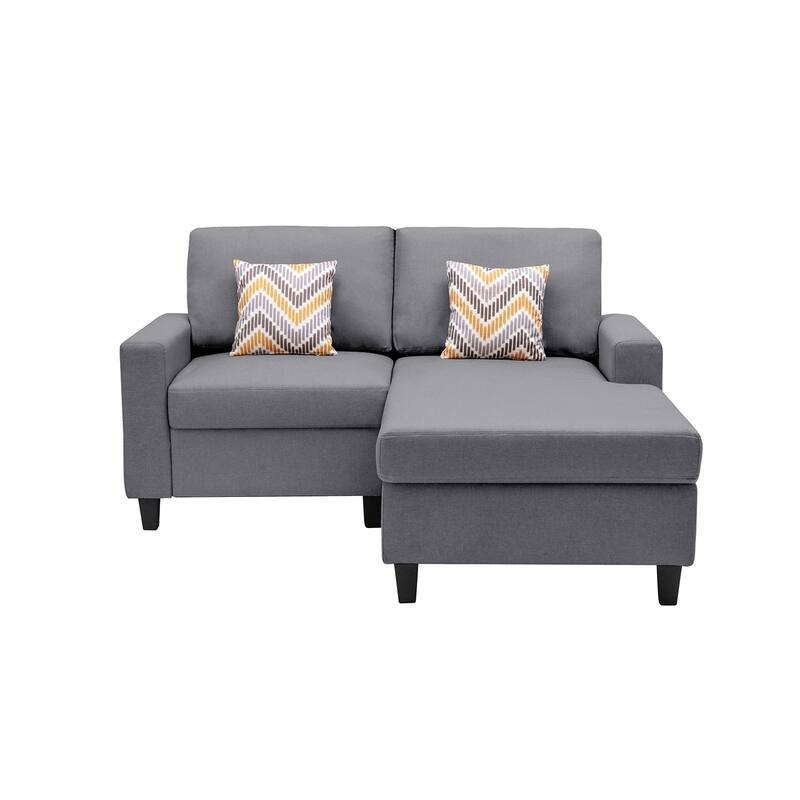Linen Fabric 2-Seater Reversible Sofa Chaise with Pillows and Interchangeable Legs in Grey