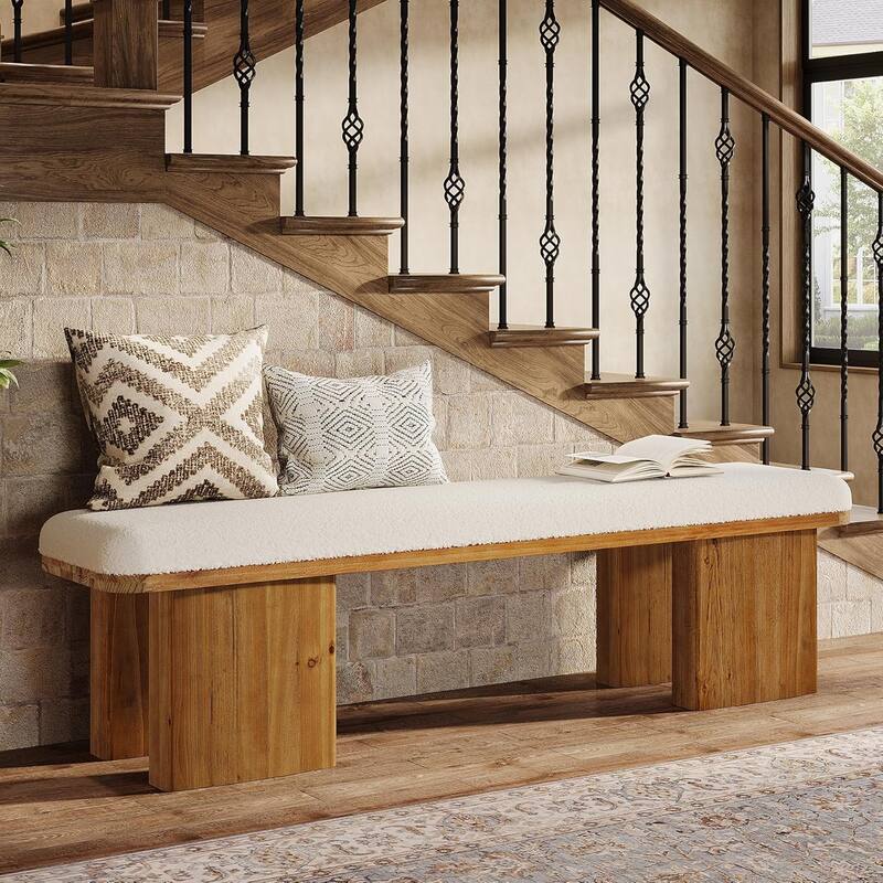 59Inch Solid Wood Entryway Bench, Upholstered End of Bed Bench with Faux Shearling Cushion, Long Ottoman for Bedroom, Entryway