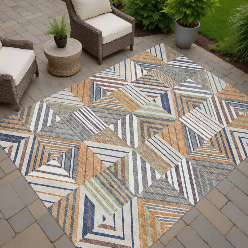 Machine Washable Indoor/ Outdoor Geo Mosaic Chantille Rug