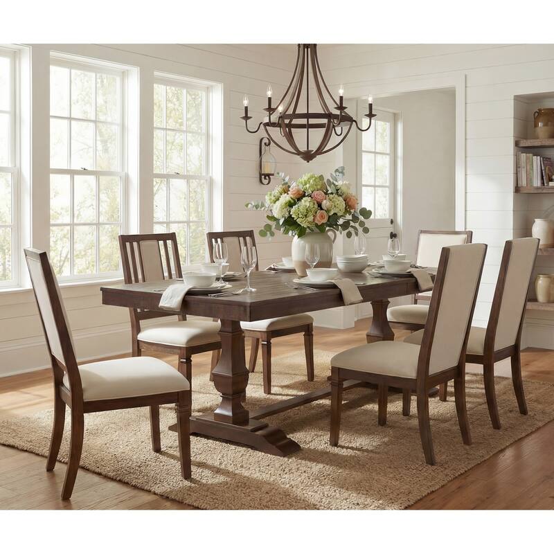 7-pieces Farmhouse Dining Table Set for 6, 74.8" Kitchen Table with Chairs, Solid Wood Legs and Upholstered Back