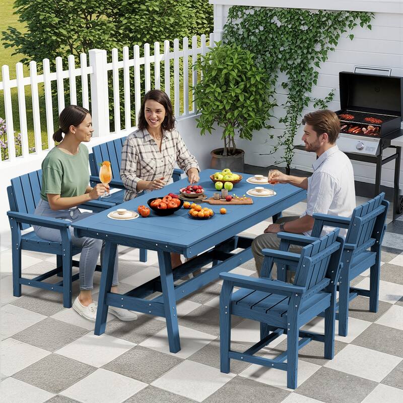 HDPE Patio Dining Set with Rectangular 67.91in W Table with Umbrella Hole and 4 Chairs - N/A