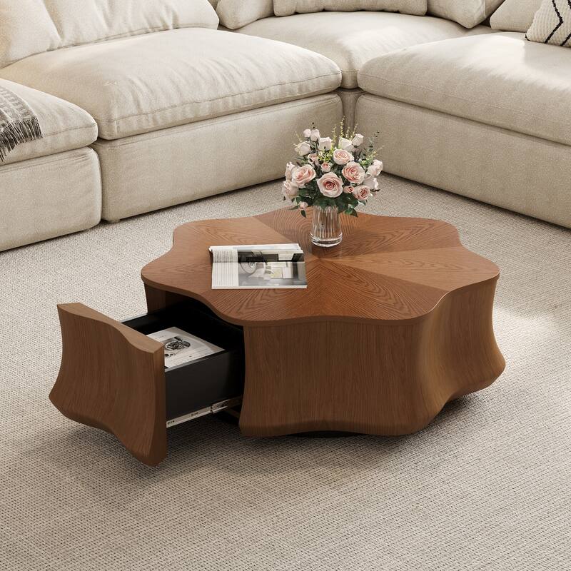 32.5" Petal Solid Wood Veneer Coffee Table - Drawer Storage, Modern&Medieval Living Rooms