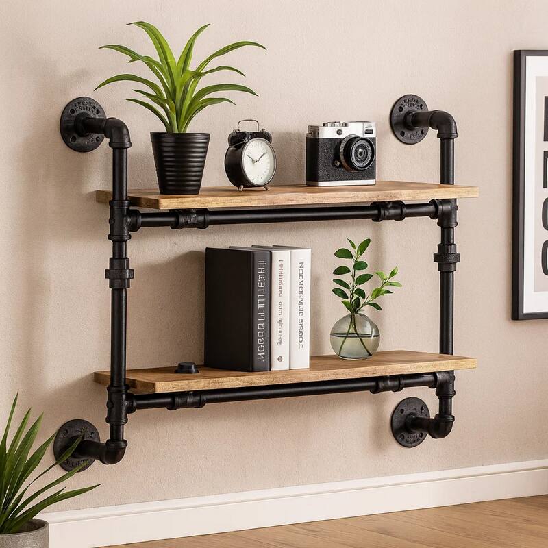 Ley 18 Inch Wood Wall Mount Double Shelf, Metal Pipe Design, Brown, Black