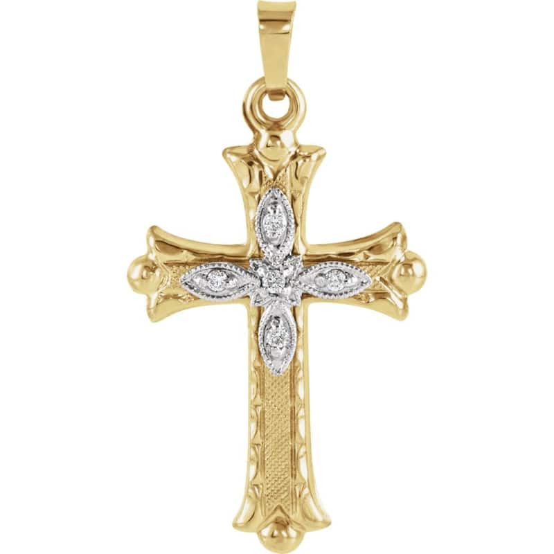 Curata 14k Yellow Gold 0.05 ctw Genuine Diamond Budded Cross Necklace, 16" (25.5x18mm)