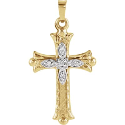 Curata 14k Yellow Gold 0.05 ctw Genuine Diamond Budded Cross Necklace, 16" (25.5x18mm)