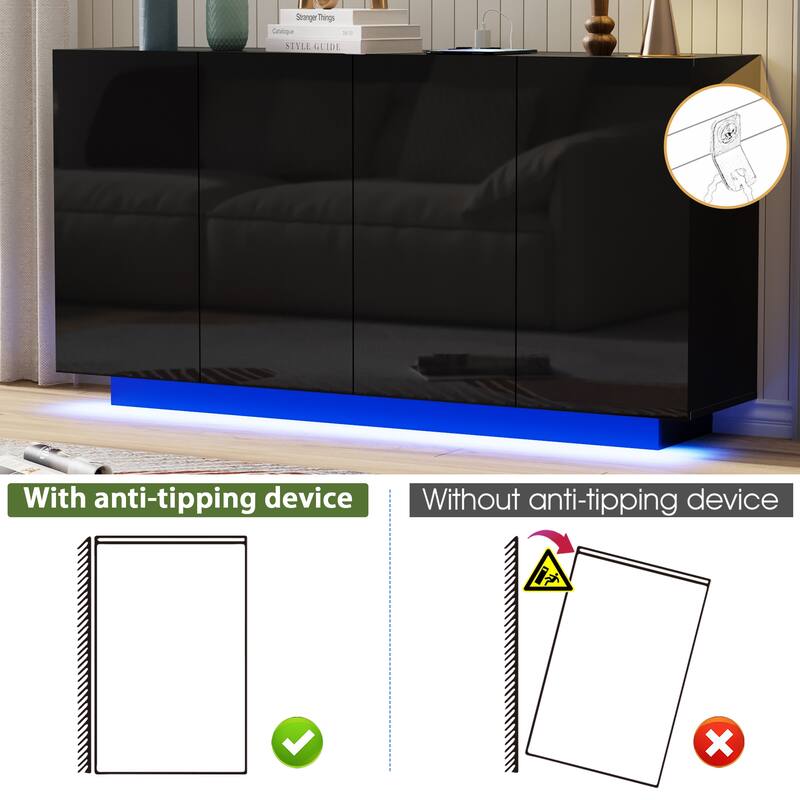 4-Door LED Lighted Buffet Cabinet with RGB Lights Sideboard Storage