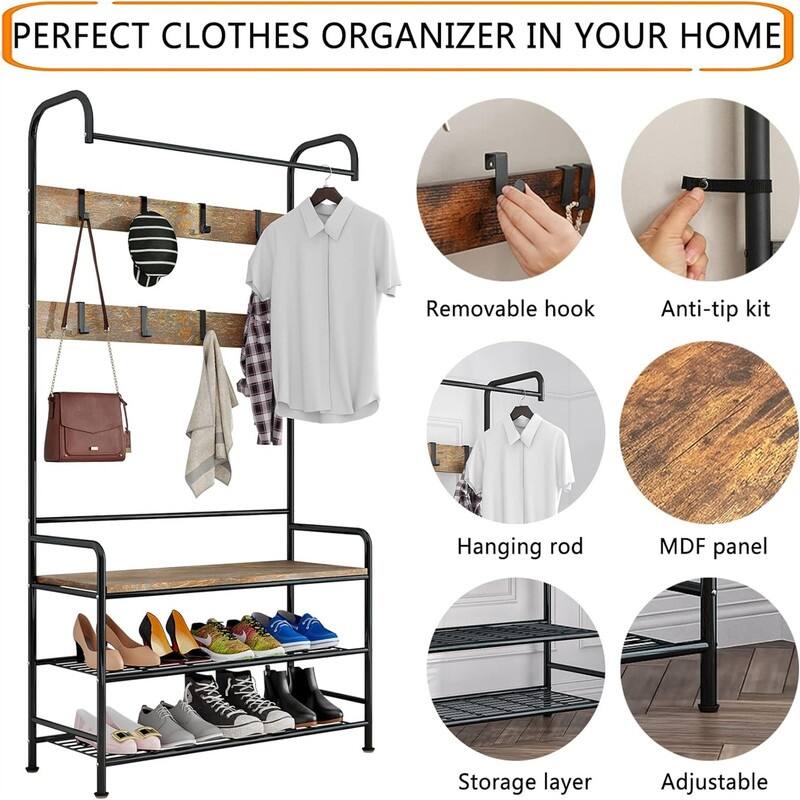 Coat Rack Shoe Bench 3-in-1 Hall Tree Storage Shelf Organizer - 31.1 x 12.2 x 72.83