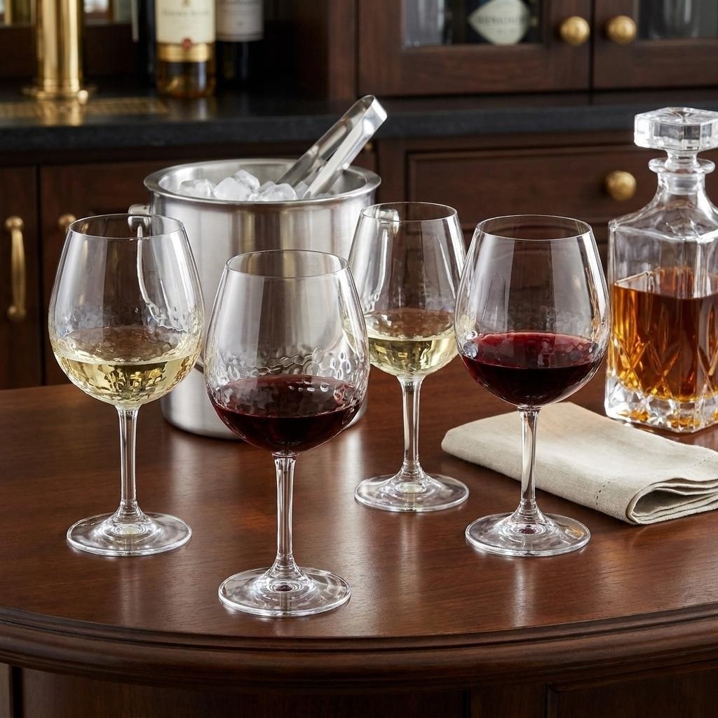HomeRoots Set of Four Clear Dimpled Tritan Plastic Balloon or Round Bowl Stemmed All Purpose Wine Glasses