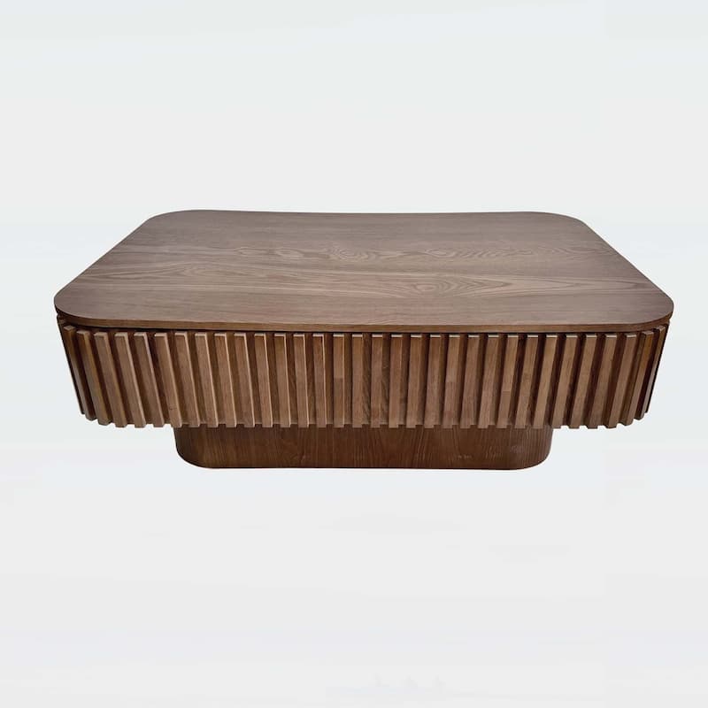 Contemporary Fluted Wood Grain Design Coffee Table with Storage,Adjustable Height,for Living Spaces - Walnut