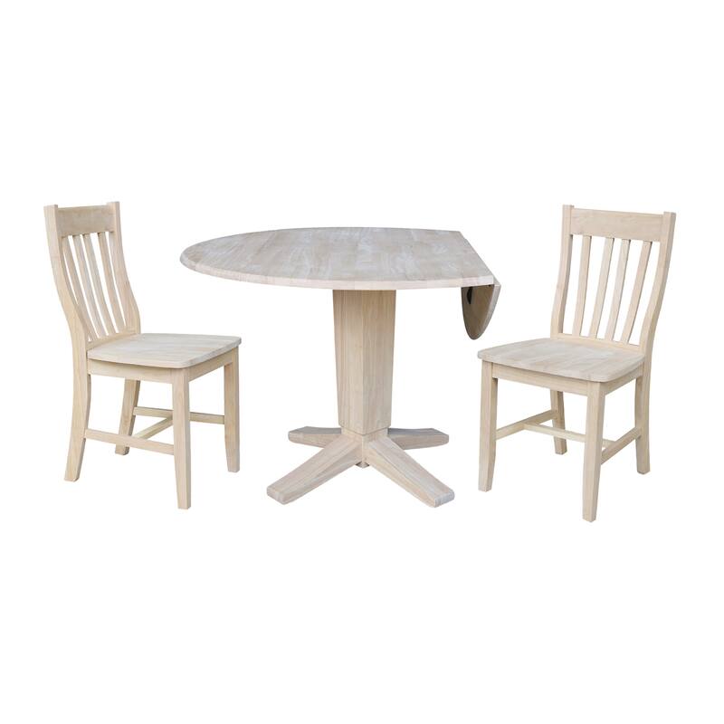 42 in Solid Wood Round Drop Leaf Pedestal Table with Dining Chairs in Unfinished