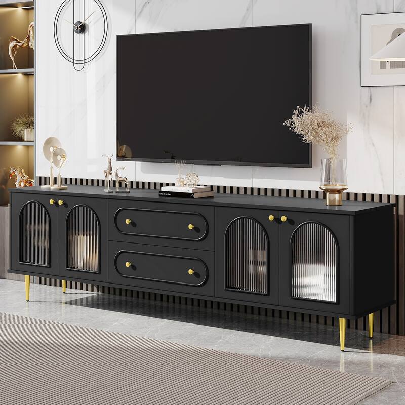 78.7" Modern TV Stand, TV Cabinet with Five Metal Legs and Metal Handles, 2 Drawers and 2 Cabinets with Fluted Glass Doors