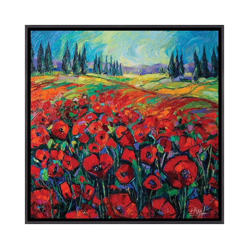 iCanvas "Poppies And Cypresses" by Mona Edulesco Framed - Ebony - 37x37