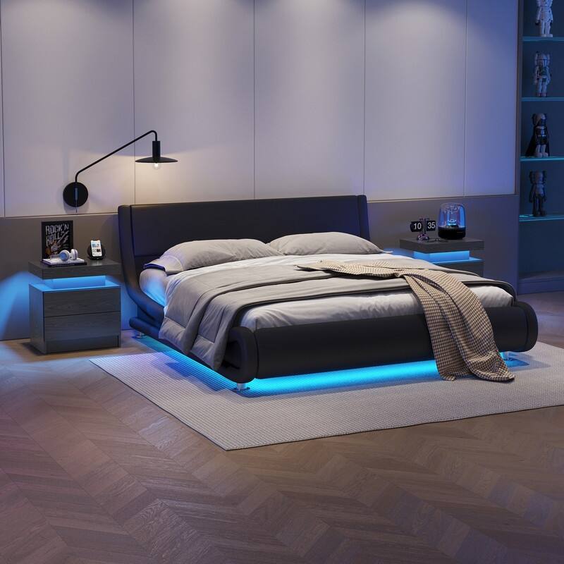 Nightstand LED Bedside Table Cabinet Lights Modern End Side with 2 Drawers for Bedroom
