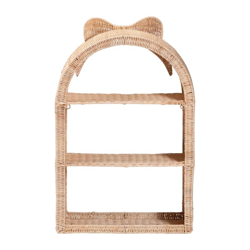 Creusa Natural Rattan Wall Shelf - 3-Tier Decorative Storage Rack with Arched Frame and Woven Bow Accent, Coastal Display Shelf