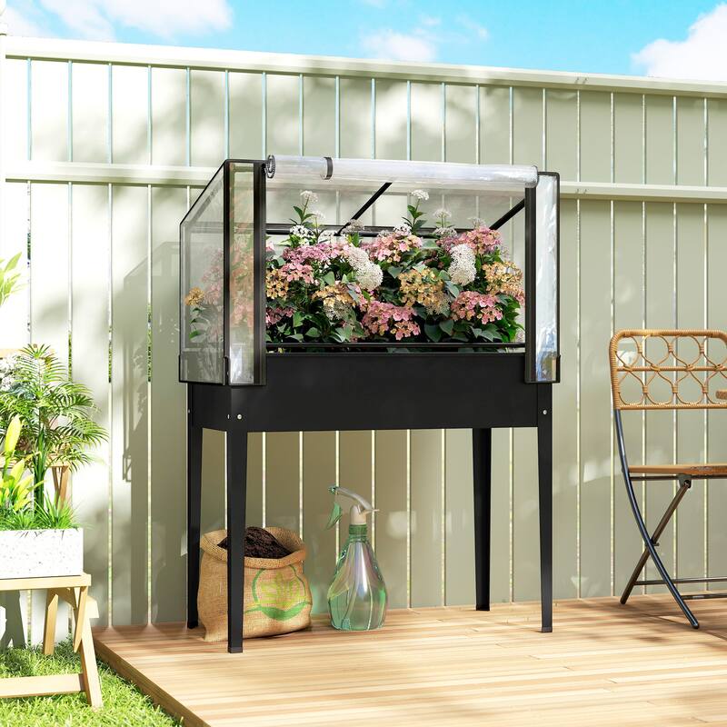 Outsunny Raised Garden Bed with Flip-Up Greenhouse Cover, Metal Elevated Garden Bed, 39.4" x 18.9" x 52.8", Black - Black