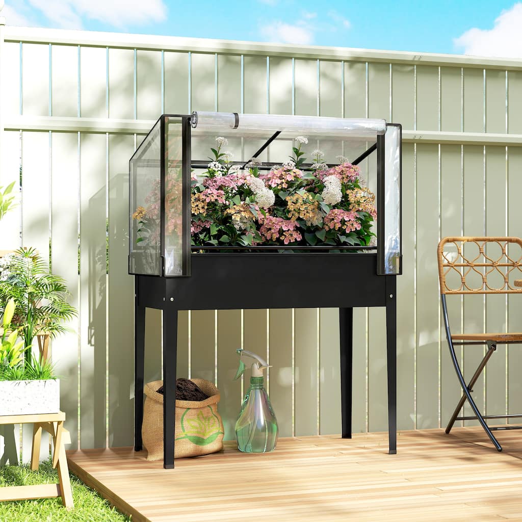 Outsunny Raised Garden Bed with Flip-Up Greenhouse Cover, Metal Elevated Garden Bed, 39.4" x 18.9" x 52.8", Black
