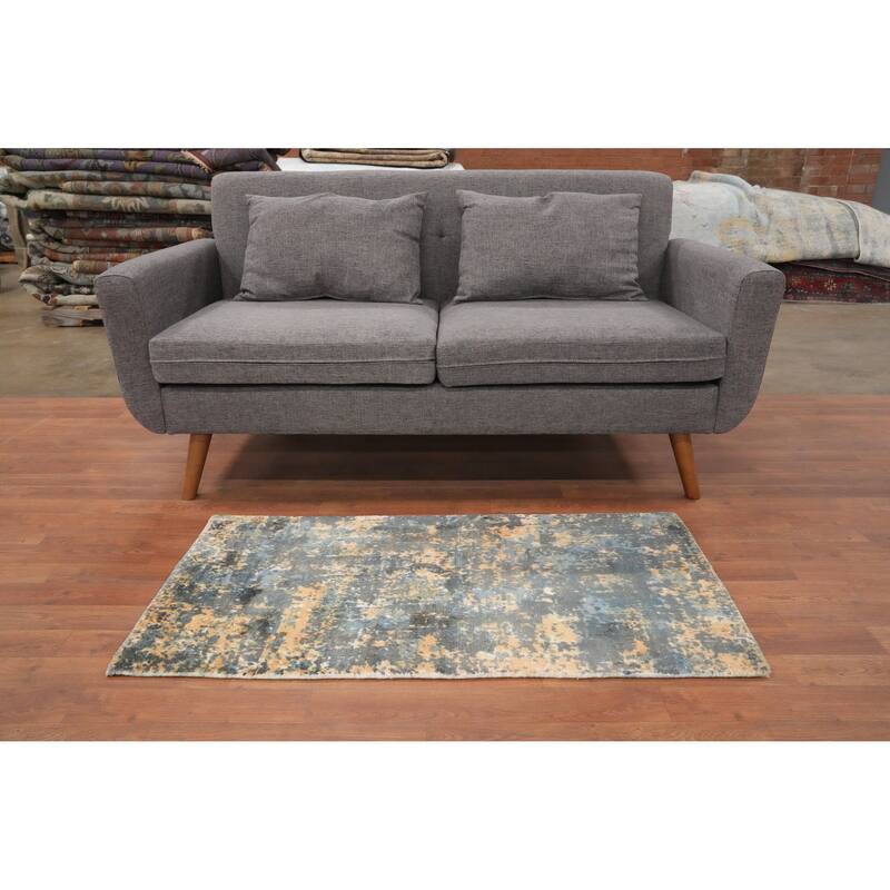 Hand Knotted Oriental Viscose Silk Carpet Modern All-Over Greys & Charcoal Abstract Area Rug - 4' 0'' X 2' 0''