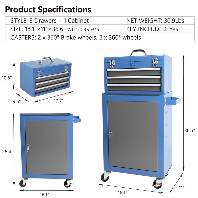 Detachable 3 Drawer Tool Chest w/Storage Cabinet and Adjustable Shelf - 3-Drawer