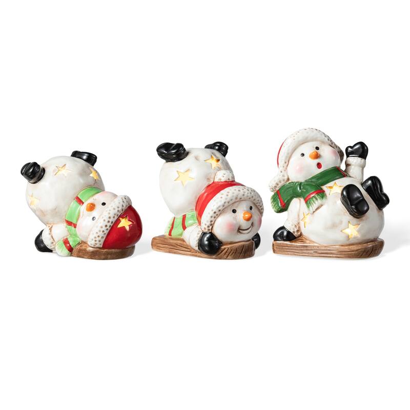 Glitzhome Set of 3 Lighted Ceramic Snowman Figurine Table Decor
