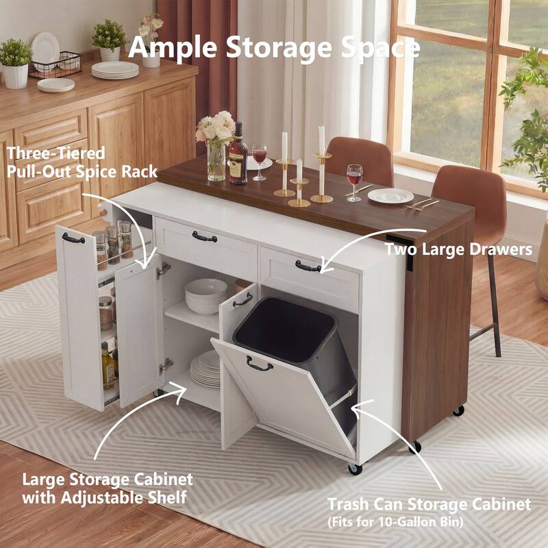 102.3" Kitchen Island with Extendable Table, Kitchen Rolling Island Cart with Trash Storage Cabinet, 3-Tier Pull-Out Spice Rack