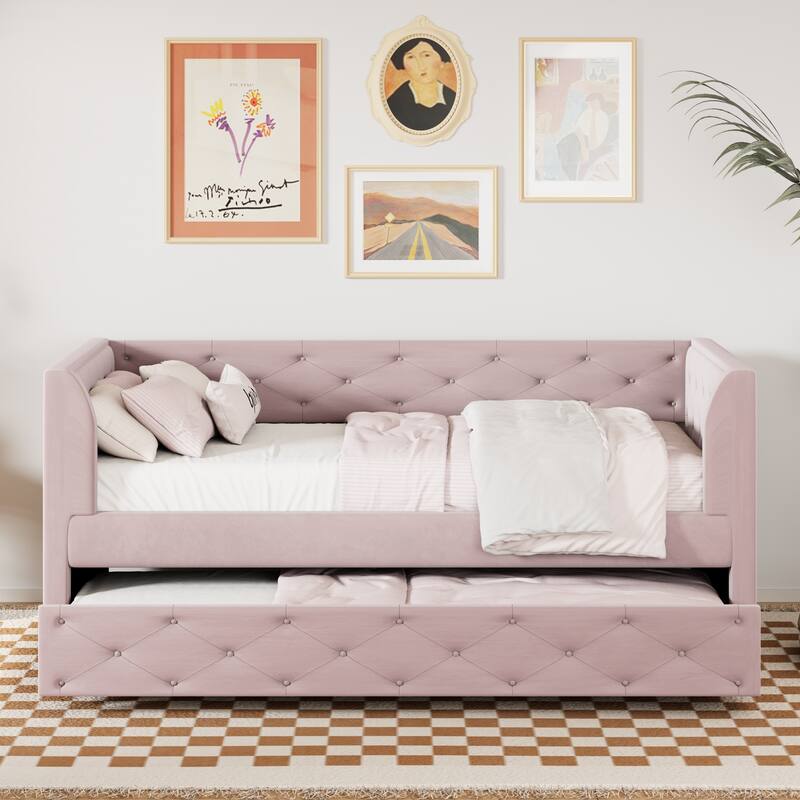 Upholstered Velvet Bed Frame, Twin Size Tufted Daybed with Side Storage Bag, Pull-out Trundle and Button Backrest Headboard