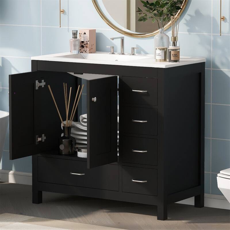 36'' Bathroom Vanity with Ceramic Sink Combo, Modern Bathroom Vanity Cabinet with 2 Soft Close Doors and 5 Storage Drawers