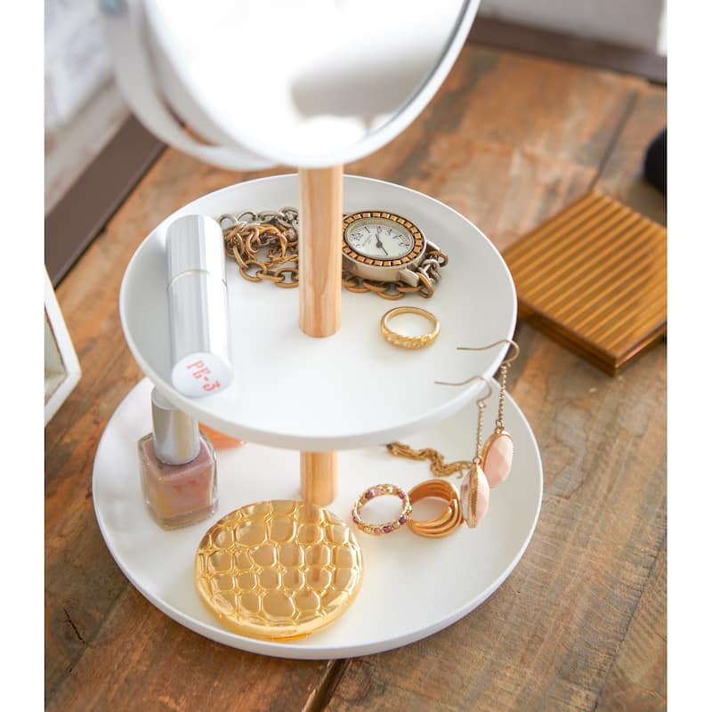 Yamazaki Home Two-Tier Jewelry Tray With Mirror, Steel and Wood, Mirror diameter 5.9 inches, Holds 4.4 lbs