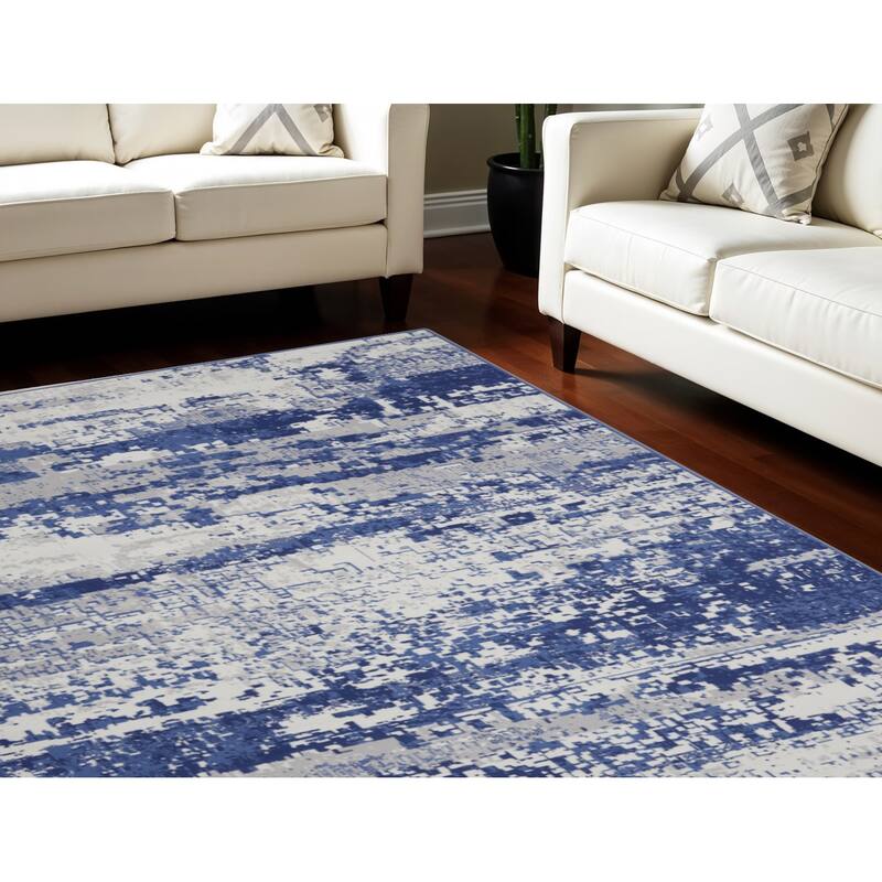 Power Loomed Distressed Abstract Modern Non Skid Stain Resistant Area Rug - 120' X '84' X '0.39 - Oxford Blue - Rectangle