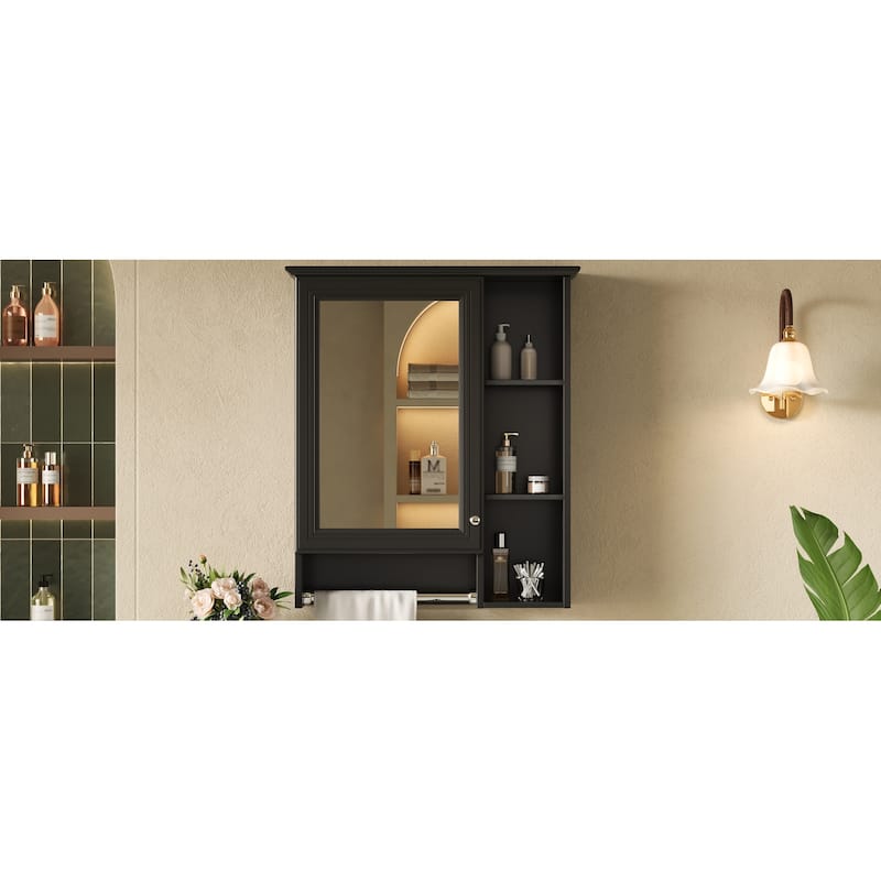 3-in-1 Bathroom Mirror Cabinet, 24-inch Wall Mounted Medicine Cabinet with Adjustable Shelf & Tower Bar
