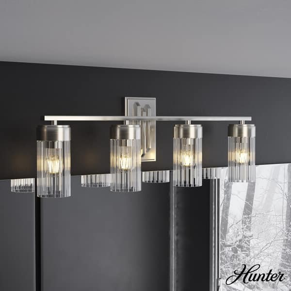 slide 2 of 10, Hunter Gatz Ribbed Glass Vanity Wall Light - Bathroom - Glam, Fluted Glass - Damp Rated! 4 Light - Brushed Nickel