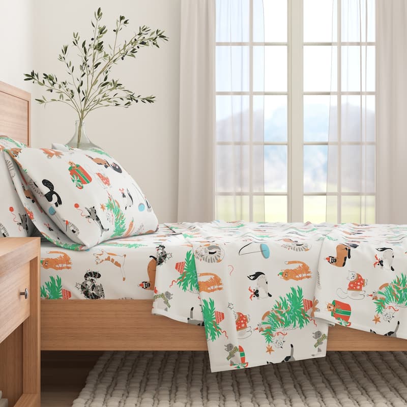 Linery & Co. Christmas Turkish Cotton Double-Brushed Flannel Bed Sheet Set - Queen - Cat Festivities