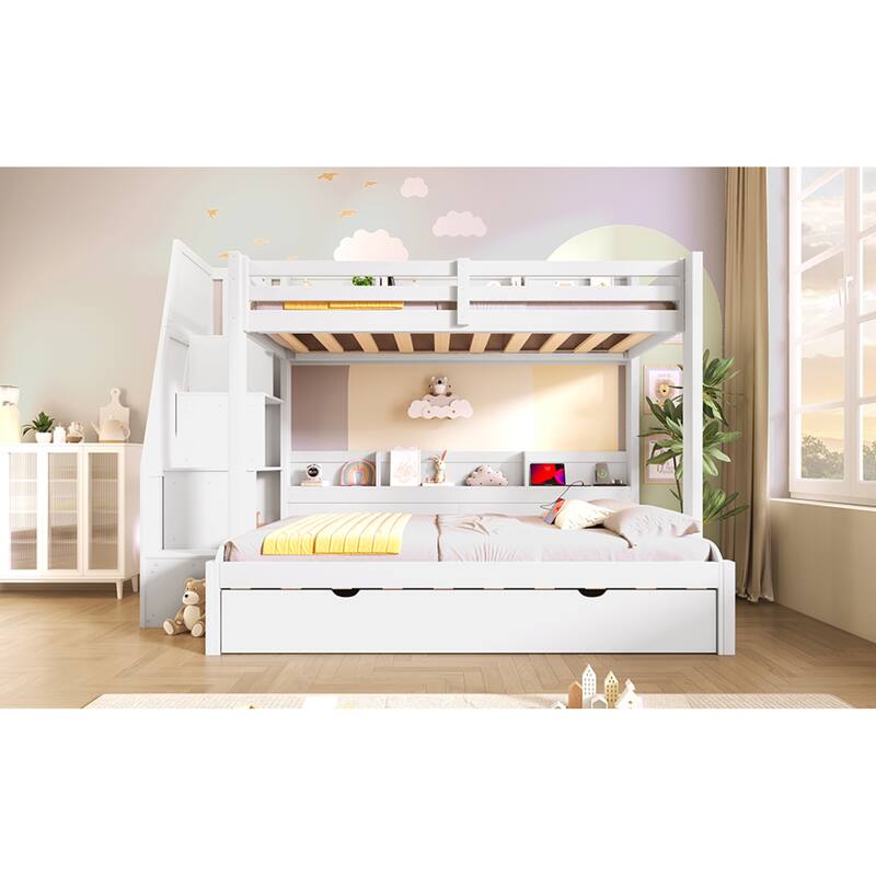 Roomfitters Twin Over Full Bunk Bed with Storage Staircase, Trundle, LED and USB