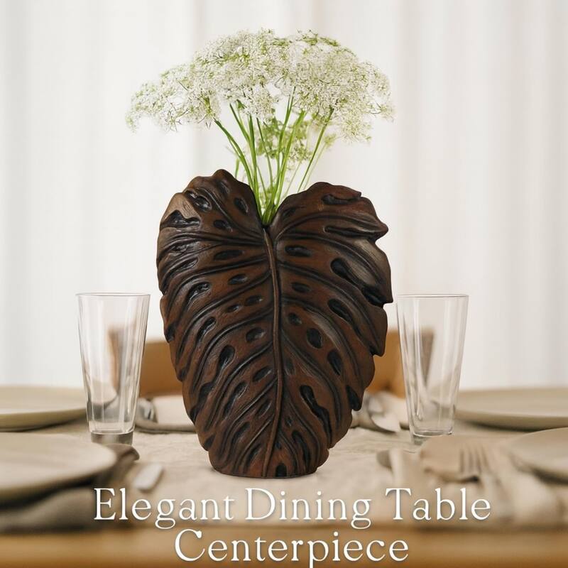 Philo Leaf Brown Textured Polyresin Vase with Botanical Design Accents