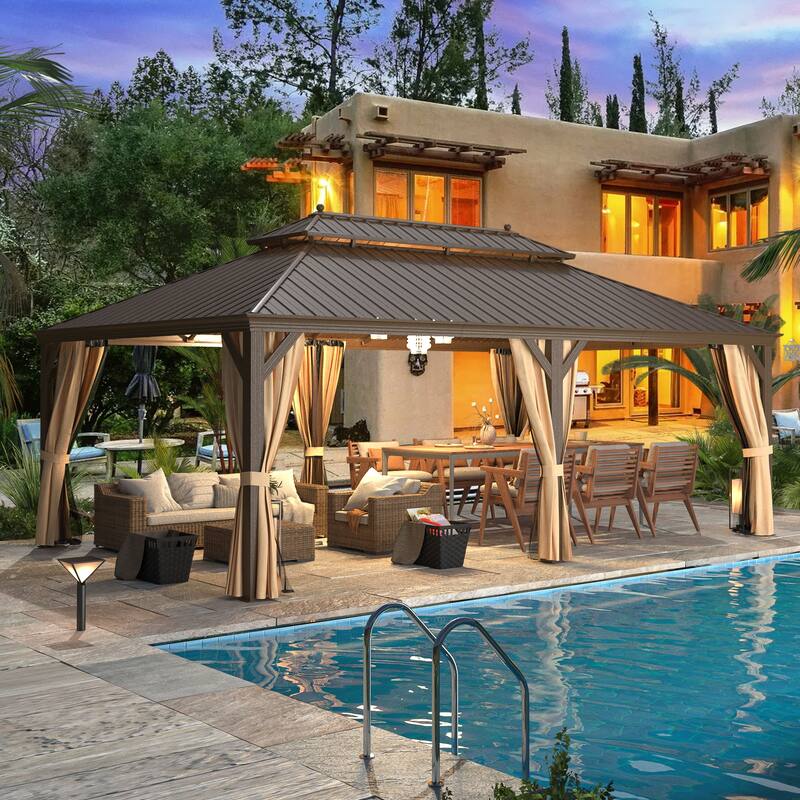 EROMMY 12x24 Aluminum Frame Gazebo Pergola featuring a Galvanized Steel Roof and Vertical Rainwater Diverter - 12' x 24'