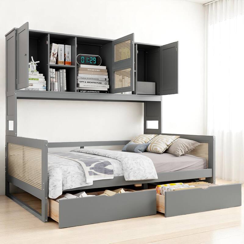 Wooden Twin/Full Daybed with Drawers, All-in-One Cabinet and Shelf Storage, No Box Spring Required - Grey - Full