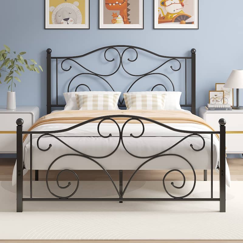 Javlergo Metal Bed Frame with Arched Headboard and Footboard, Heavy Duty Steel Slat Support, No Box Spring Needed - Black - Full