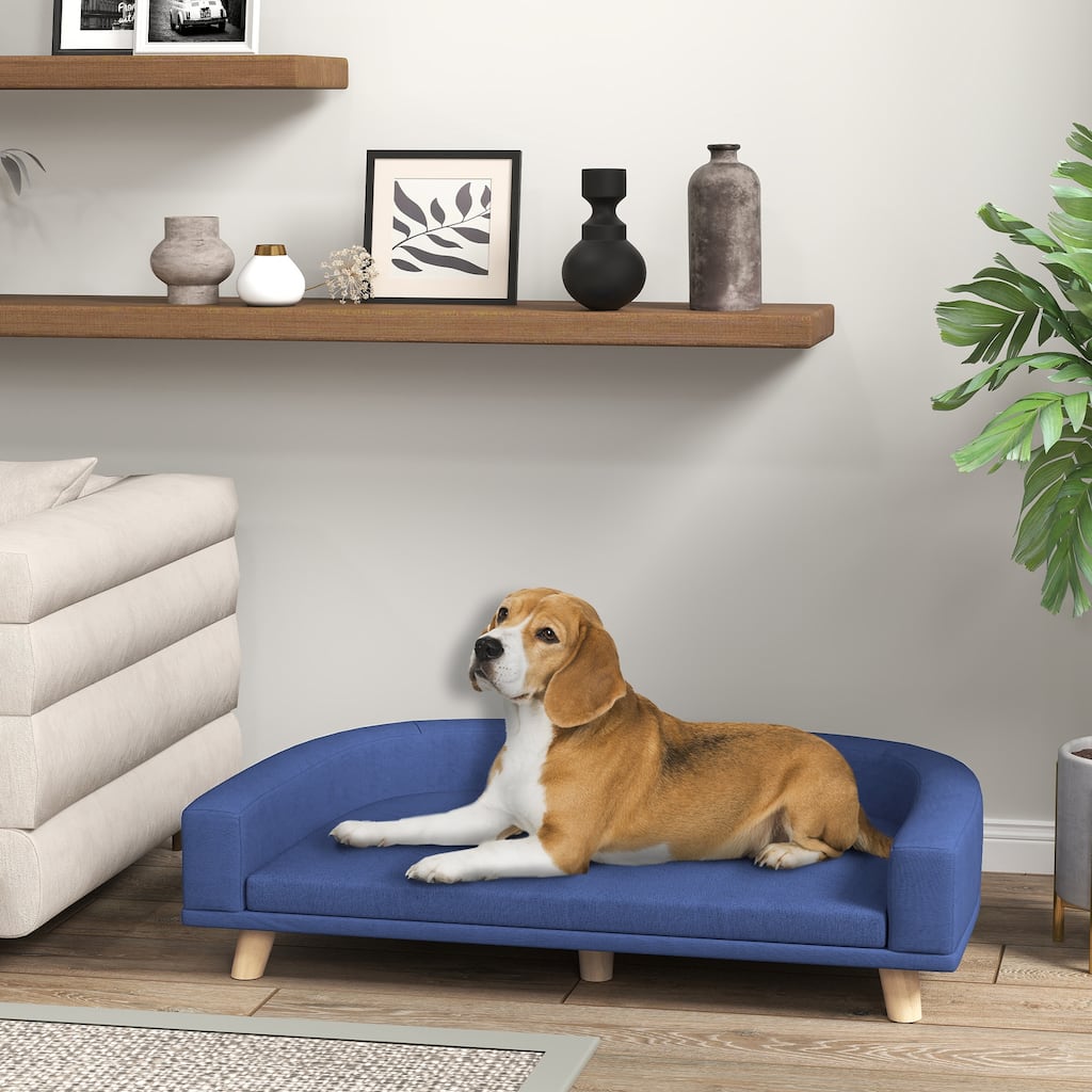 Elevated Dog Sofa with Removable Washable Cover Plush Blue Pet Couch for Medium to Large Dogs - 38.6" W x 26.4" D x 9.8" H