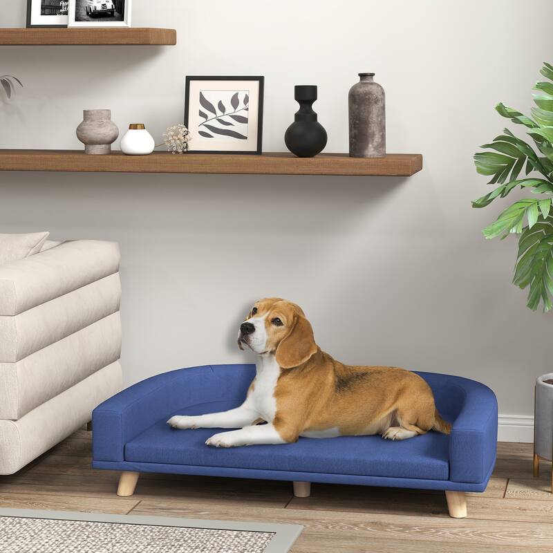 Elevated Dog Sofa with Removable Washable Cover Plush Blue Pet Couch for Medium to Large Dogs - 38.6" W x 26.4" D x 9.8" H