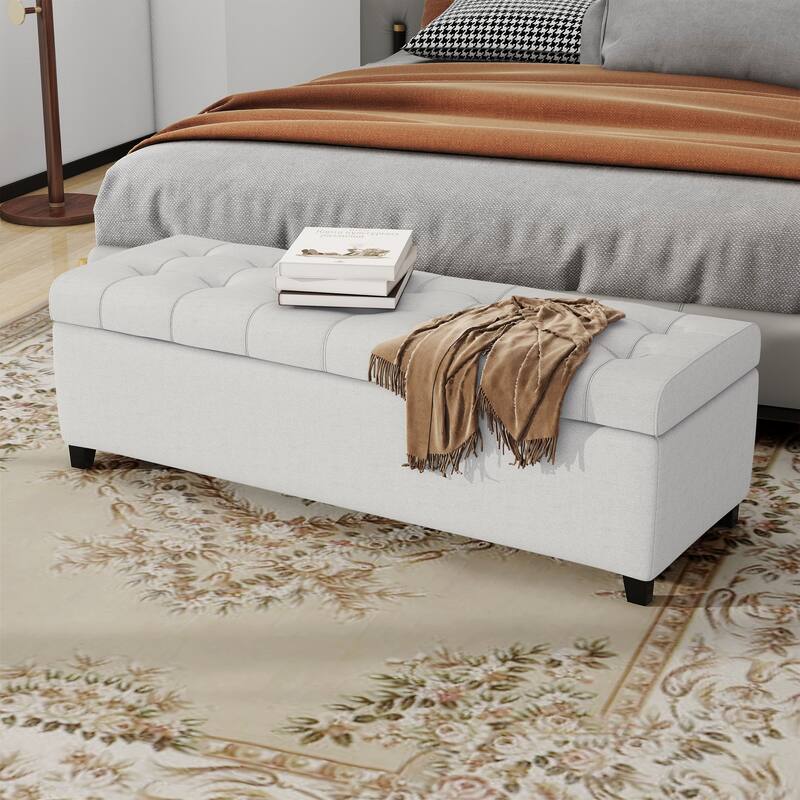 Light Grey Upholstered Storage Ottoman Bench for Bedroom & Entryway, 300lbs - LIGHT GREY