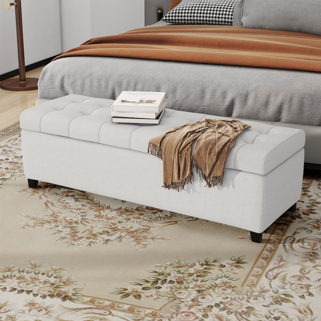 Light Grey Upholstered Storage Ottoman Bench for Bedroom & Entryway, 300lbs
