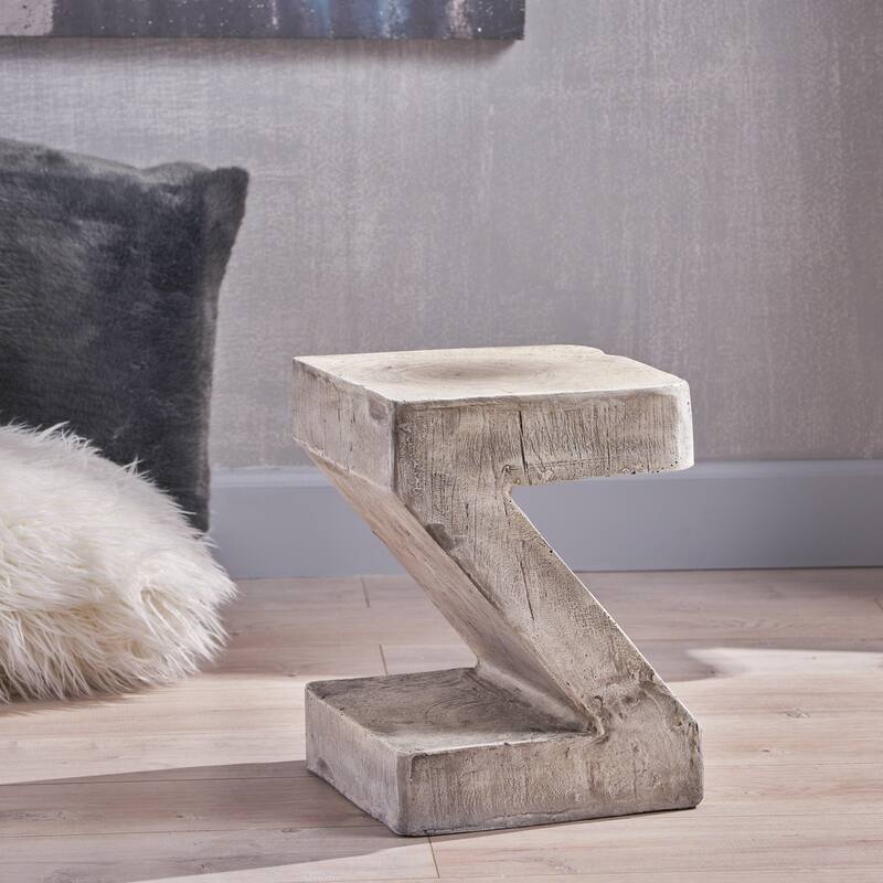 Roomfitters Outdoor Side Table with Z-Shaped Sculptural Concrete Build for Patio, Living Room or Entryway