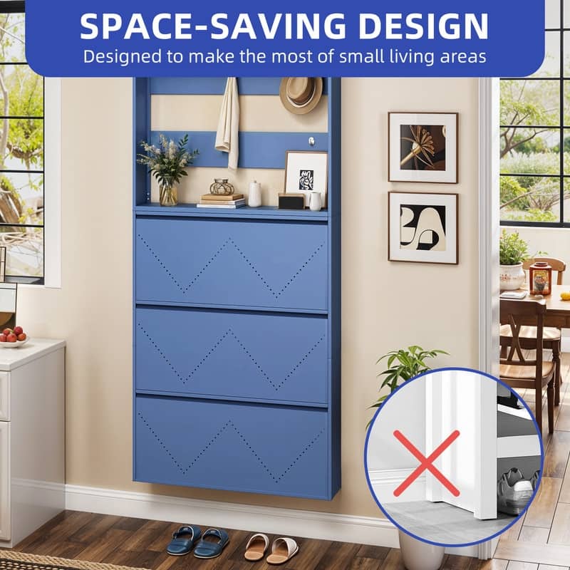 Moasis Wall-Mounted Shoe Cabinet with 3 Flip Drawers, Shoe Organizer with Hanging Bars and Hooks