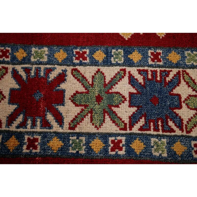 Oriental Kazak Area Rug Hand-Knotted Geometric Red Wool Carpet - 4'0" x 5'8"