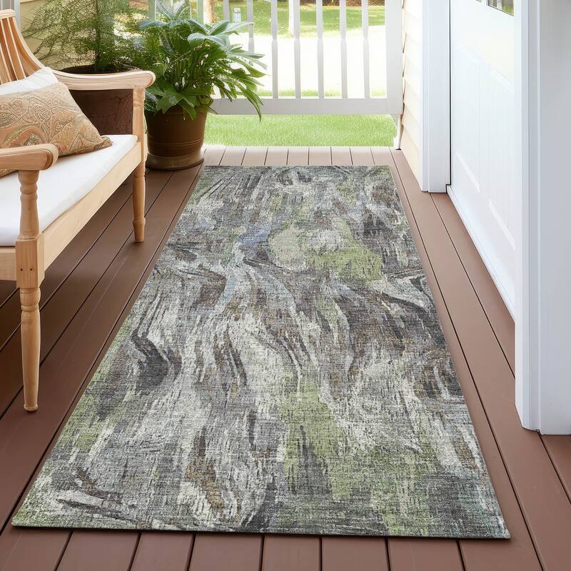 Machine Washable Indoor/ Outdoor Brushstrokes Modern Chantille Rug - Fern - 2'3" x 7'6"
