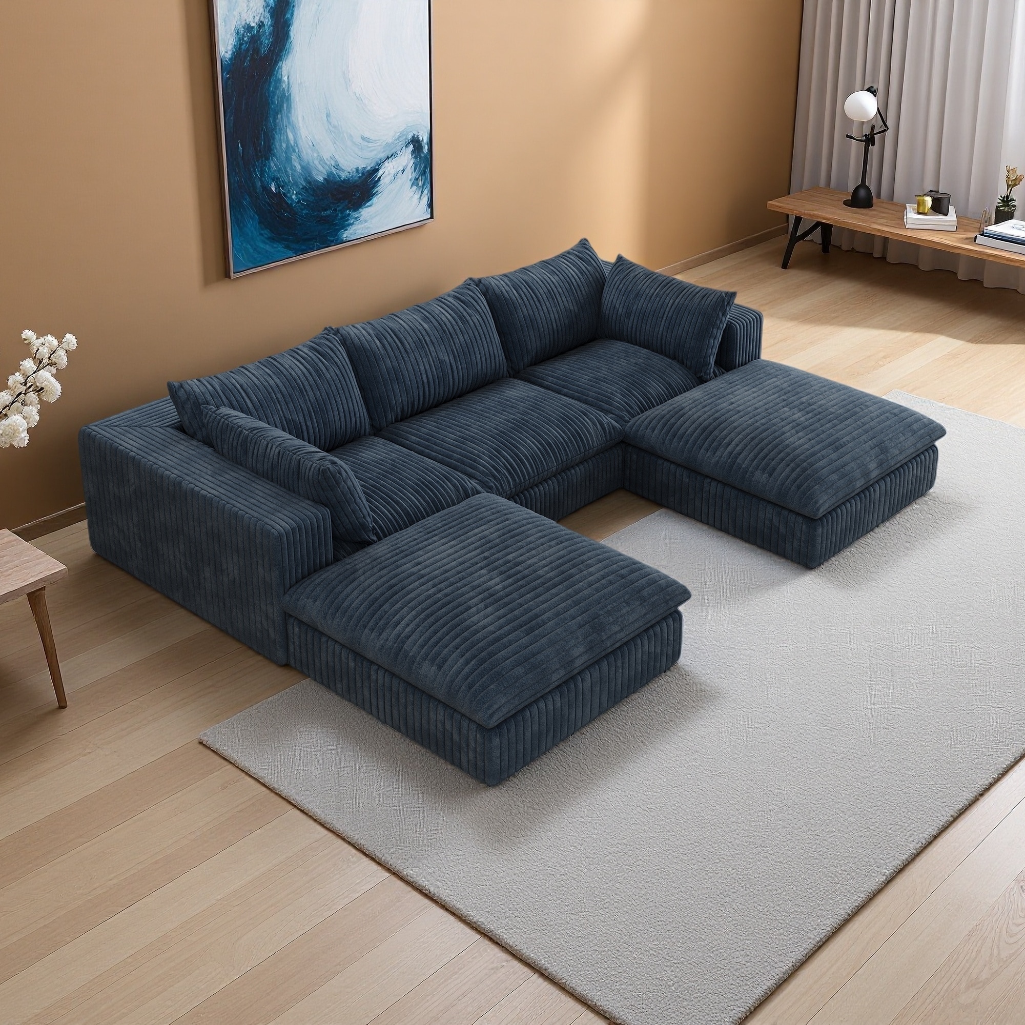 118.2" Corduroy Feather-Filled 5-Seater Cloud Sectional Sofa with Deep Seats