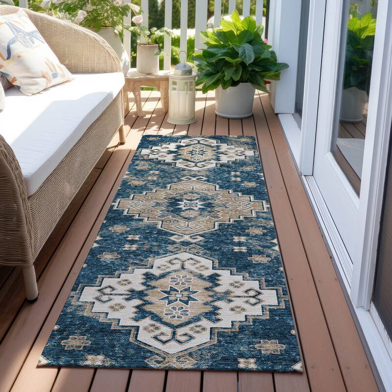 Machine Washable Indoor/ Outdoor Chantille Boho Tribal Rug - Navy - 2'3" x 7'6"